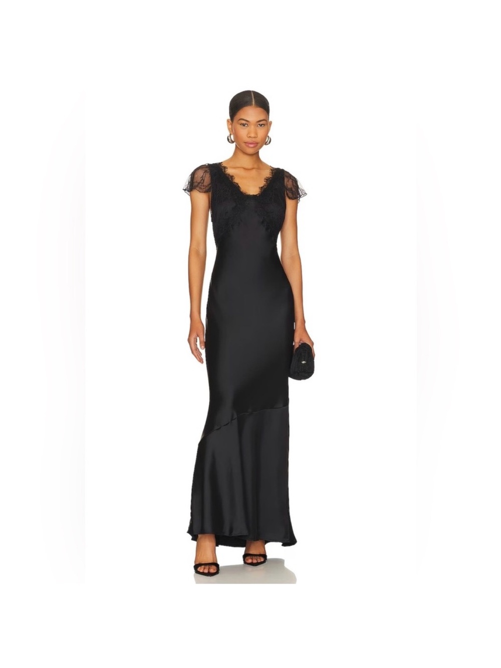 WeWoreWhat Black Lace-Trim Satin Maxi Dress